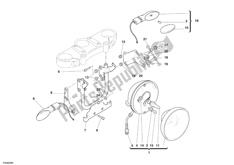 All parts for the Headlight of the Ducati Monster S2R 1000 USA 2006